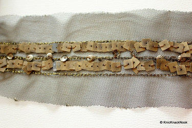 Black Net Lace Trim With Antique Bronze Sequins, Approx. 75mm wide